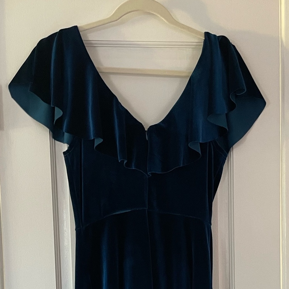 june & hudson Teal Velvet Midi Dress with Ruffle V-Neck - Picture 15 of 16